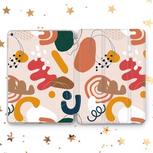 May include: An open tablet case with a colorful abstract design. The case features a light beige background with various shapes in red, orange, yellow, brown, and dark blue. The design includes dots, lines, and swirls.