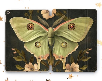 May include: A green and brown butterfly with large eyes and a floral background. The butterfly is a vintage illustration with a dark green background.