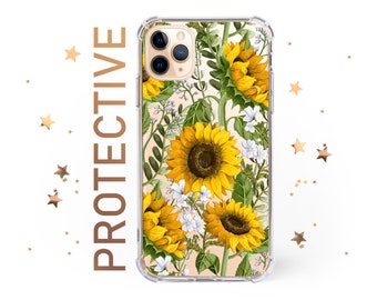 May include: Clear phone case with a sunflower design. The case features a floral pattern with yellow sunflowers and white flowers on a green background. The case is compatible with iPhone 12 Pro Max.