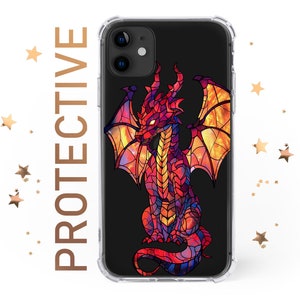 May include: A clear phone case with a stained glass dragon design. The dragon is red, orange, and yellow with a black background.
