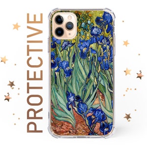 May include: A clear phone case with a vibrant painting of blue irises on a green background. The case is designed for an iPhone with a camera bump.