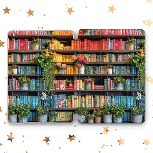 May include: A colorful bookshelf filled with books and potted plants. The bookshelf has a rainbow color scheme, with each shelf a different color. The books are arranged in a variety of colors and sizes. The plants are green and leafy.