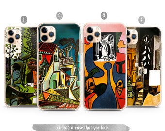 May include: Four different phone cases featuring abstract art inspired by Pablo Picasso. The cases are all clear and show the art through the case. The art includes a house, a figure, and a still life.