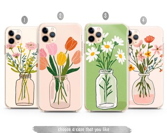 May include: Four phone cases with floral designs. Each case features a different arrangement of flowers in a glass jar. The backgrounds are various colours, including pink and green. The text at the bottom says "choose a case that you like".