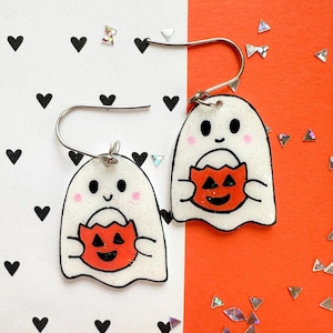 Cute Fall Halloween Dangle Ghost Earrings with pumpkins, Ghost Earrings, Fun Halloween Earrings, Cute Halloween Earrings, Halloween Jewelry