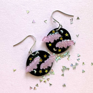 Pink Glitter Bat Dangle Earrings, Black Moon Earrings, Bat & Moon Earrings,Halloween Earrings,Glitter Bat Earrings,Unique Halloween Earrings