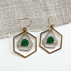 Succulent Earrings, Terrarium Plant Earrings, Cute Plant Earrings, Boho Earrings, Boho Jewelry, Gold Hexagon Earrings, Shrink Plastic