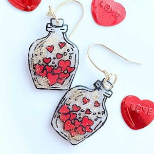 Love Potion Heart Drop Earrings, Heart Earrings, Red Heart Earrings, Valentine&#39;s Day, Gifts for Women,Dangle Earrings, Valentine Earrings