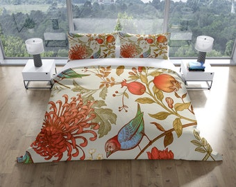 Mums Magpie Pomegranate Duvet Cover Set, Floral Bedding Set, Botanical Comforter Cover w Pillowcases, Twin Full Queen King Size
