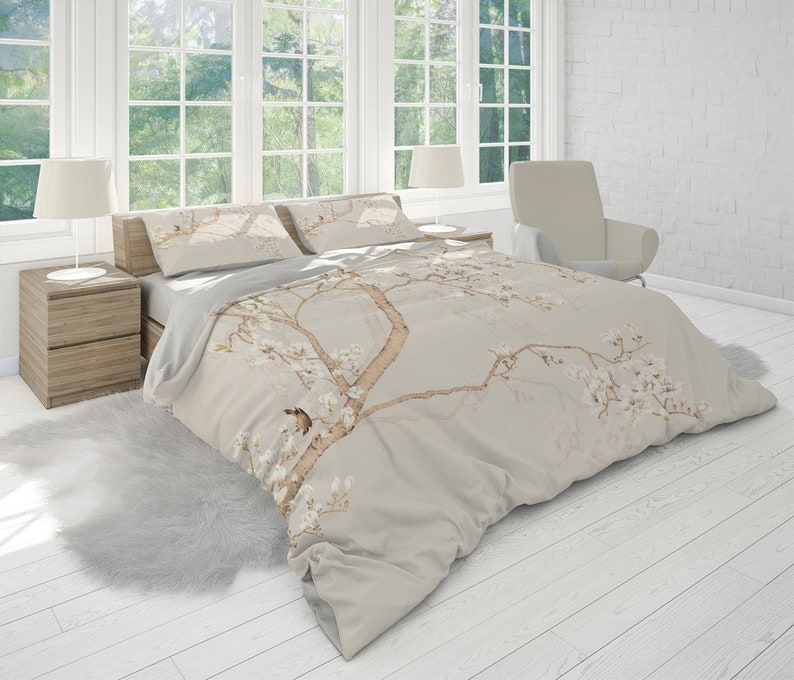 Cherry Blossom Duvet Cover Set With Pillowcases, Flowers Floral Creamy