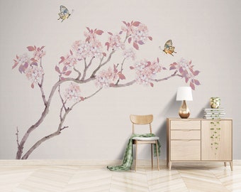 Watercolor Show Ball Butterflies Wallpaper, Traditional Art Japanese Oriental Art Removable Wallpaper, Pink Wall Paper Mural Art Wall Decor