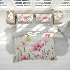 Flowers Butterflies Duvet Cover Set With Pillowcases, Colorful Kids Bright Quilt Cover Double Full Queen King Sizes, Personalized Bedding