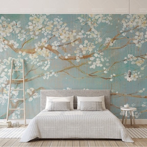 Cherry Blossom Oil Painting Wallpaper, Wallpaper Mural, Self-Adhesive Peel And Stick Wall Decal, Designer Removable Wall Decor