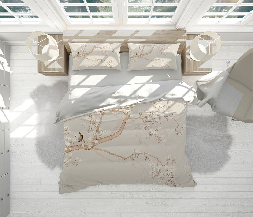 Cherry Blossom Duvet Cover Set With Pillowcases, Flowers Floral Creamy