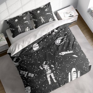 Astronaut Spaceship Duvet Cover Set with Pillowcases, Black Kids Cartoon Quilt Cover Double Full Queen King Size, Personalized Bedding