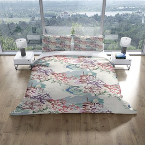 Temple Cherry Pine Duvet Cover Set, Asian Japanese Bedding Set, Comforter Cover w Pillowcases, Single Double Twin Full Queen King Size