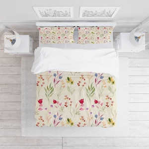 Watercolor Flower Leaf Duvet Cover Set with Pillowcases, Yellow Floral Patterns Double Full Queen King Size, Personalized Bedding