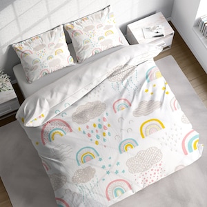 Sky Clouds Rainbow Duvet Cover Set with Pillowcases, Creamy Kids Cartoon Quilt Cover Double Full Queen King Size, Personalized Bedding