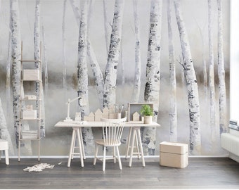 White Birch Forest Painting Wallpaper, Wallpaper Mural, Self-Adhesive Peel And Stick Wall Decal, Designer Removable Wall Decor