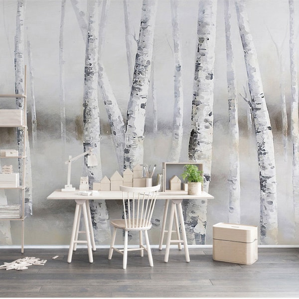 White Birch Forest Painting Wallpaper, Wallpaper Mural, Self-Adhesive Peel And Stick Wall Decal, Designer Removable Wall Decor