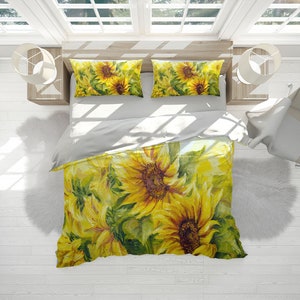 Sunflower Painting Duvet Cover Set With Pillowcases, Art For Kids Yellow Quilt Cover Double Full Queen King Size, Personalized Bedding