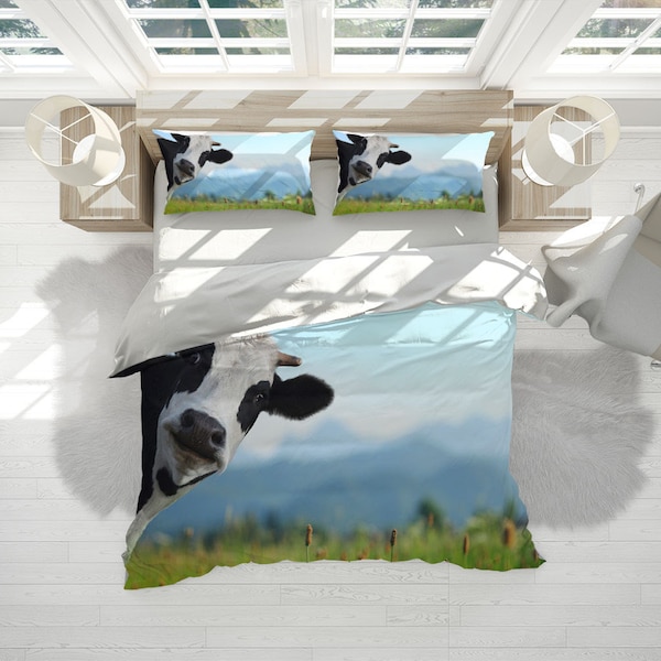 Cows Steppe Duvet Cover Set With Pillowcases, Farm Animals Animals Blue 3D Quilt Double Full Queen King All Sizes, Personalized Bedding