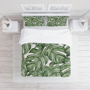Monstera Leaves Duvet Cover Set with Pillowcases, Green Floral Leaves Quilt Cover Set Double Full Queen King Size, Personalized Bedding