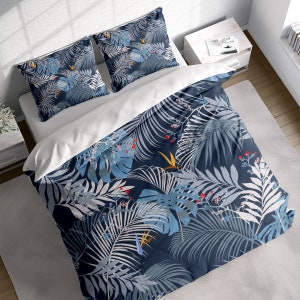 Palm Leaves Duvet Cover Set with Pillowcases, Green Floral Leaves Quilt Cover Cover Double Full Queen King Size, Personalized Bedding