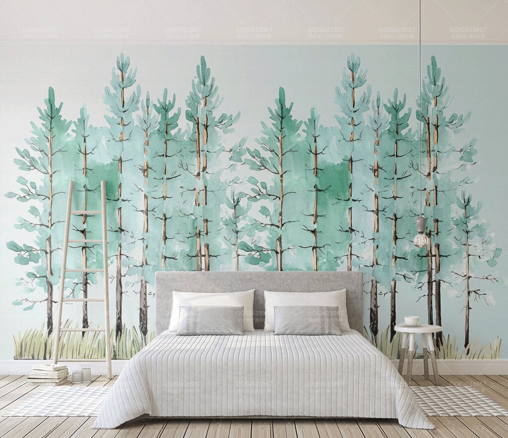 Green Woods Forest Minimalist Wallpaper Wallpaper Mural | Etsy
