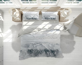 Couverture de couette de montagne neigeuse ensemble avec des taies d’oreiller, mountain nature blanc noir 3D Quilt Double Full Queen King Toutes tailles, literie personnalisée