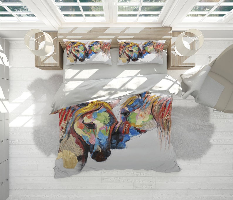 Horse Duvet Cover Set With Pillowcases, Horses Animals Colorful 3D Quilt Doona Double Full Queen