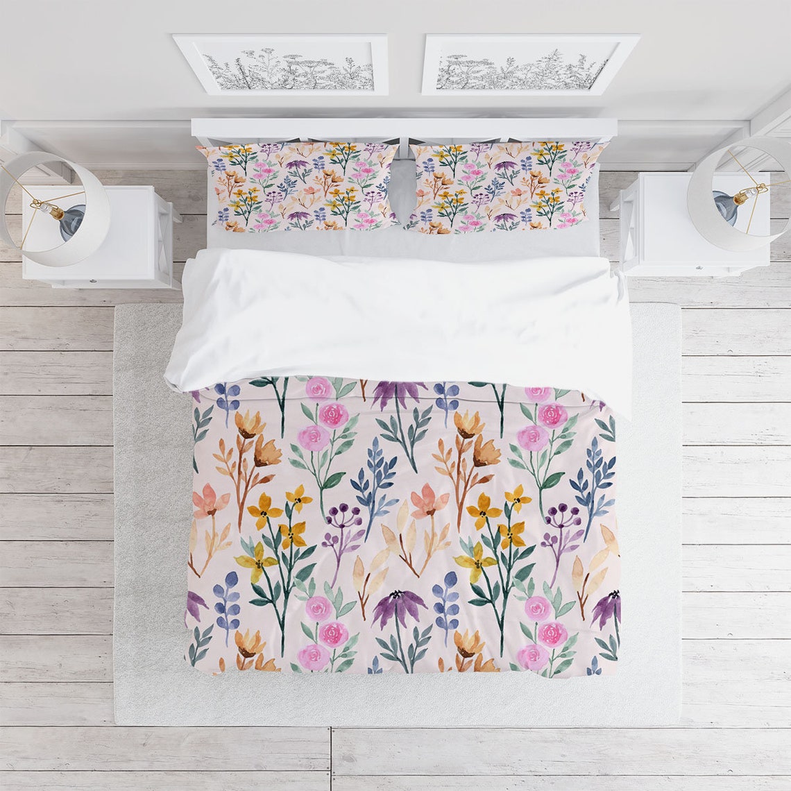 Watercolor Wild Flower Duvet Cover Set With Pillowcases Pink Etsy