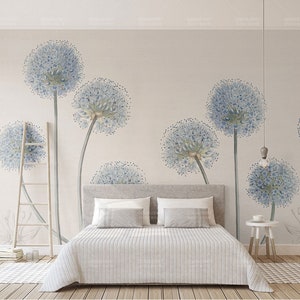 Blue Dandelion Minimalist Wallpaper, Wallpaper Mural, Self-Adhesive Peel And Stick Wall Decal, Designer Removable Wall Decor