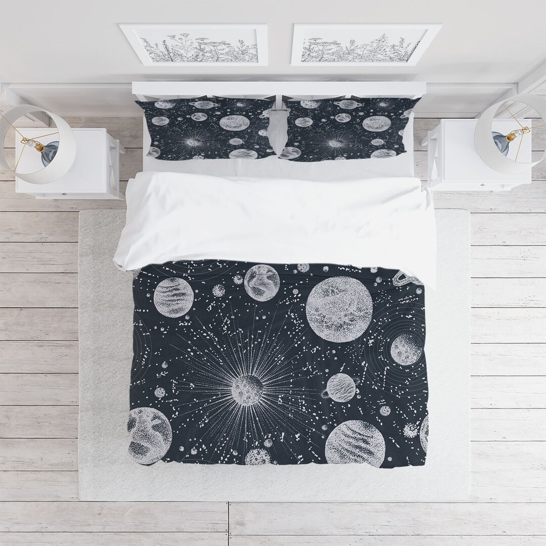 Planet Galaxy Universe Duvet Cover Set With Pillowcases, Black&white ...