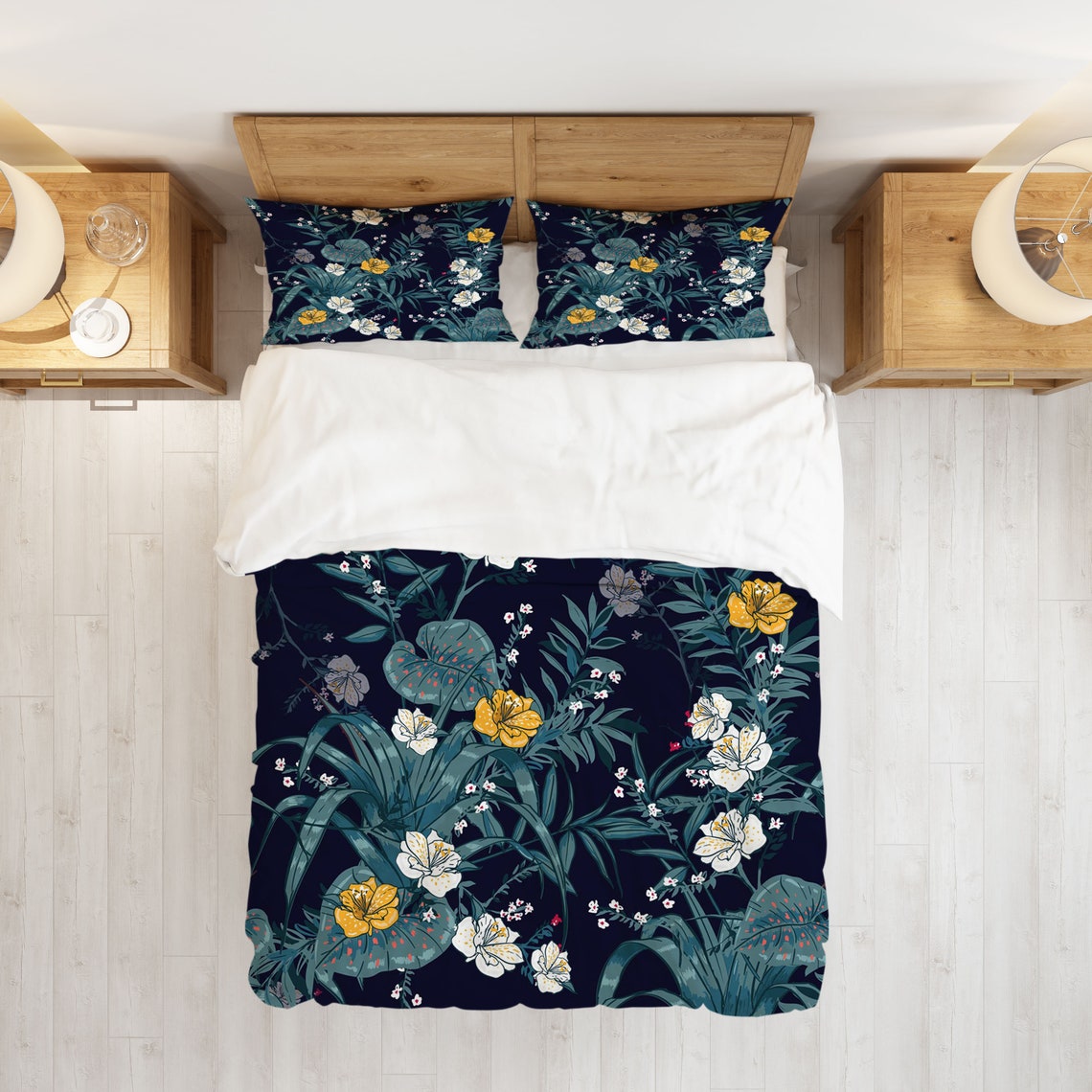 Flower Leaf Duvet Cover Set with Pillowcases Blue Floral Etsy