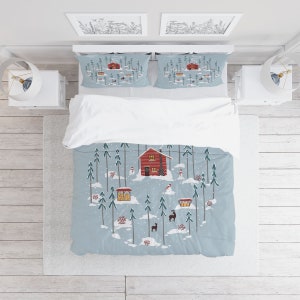 Christmas Town Snowman Duvet Cover Set with Pillowcases, Blue Kids Cartoon Quilt Cover Double Full Queen King Size, Personalized Bedding