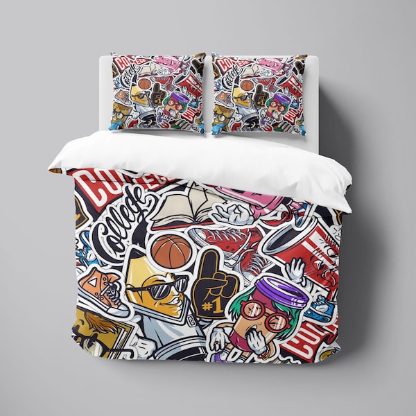 Couverture de couette de couette de verre réglée avec des taies d’oreiller, graffiti coloré graffiti 3D Quilt double roi plein roi toutes tailles, literie personnalisée