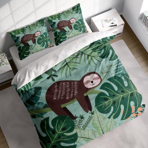 Dream Jungle Sloth Duvet Cover Set with Pillowcases, Green Kids Cartoon Quilt Cover Double Full Queen King Size, Personalized Bedding