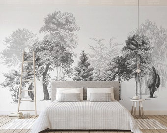 Black White Sketched Forest Wallpaper, Wallpaper Mural, Self-Adhesive Peel And Stick Wall Decal, Designer Removable Wall Decor