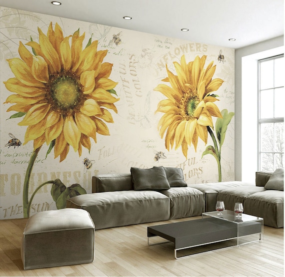 Retro Sunflower Painting Wallpaper Wallpaper Mural Etsy