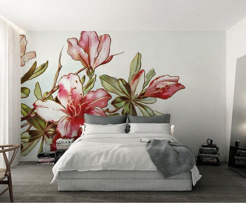 Vintage Red Flower Drawing Wallpaper Wallpaper Mural Etsy