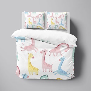 Watercolor Cute Giraffe Duvet Cover Set with Pillowcases, Creamy Kids Cartoon Quilt Double Full Queen King Size, Personalized Bedding