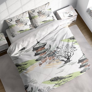 Temple Tree Hillside Duvet Cover Set, Asian Japanese Bedding Set, Comforter Cover w Pillowcases, Single Double Twin Full Queen King Size
