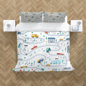 Nursery Vehicle Car Duvet Cover Set with Pillowcases, Colorful Kids Cartoon Quilt Double Full Queen King Size, Personalized Bedding