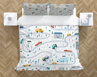 Nursery Vehicle Car Duvet Cover Set with Pillowcases, Colorful Kids Cartoon Quilt Double Full Queen King Size, Personalized Bedding
