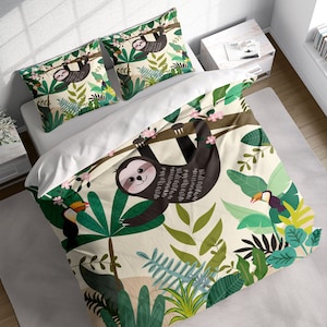 Watercolor Jungle Sloth Duvet Cover Set with Pillowcases, Green Kids Cartoon Quilt Cover Double Full Queen King Size, Personalized Bedding