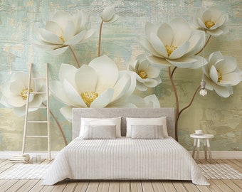 3D Cream Embossed Lotus Wallpaper, Floral Blossom Removable Wallpaper, Cream Wall Paper Mural Art Wall Decor