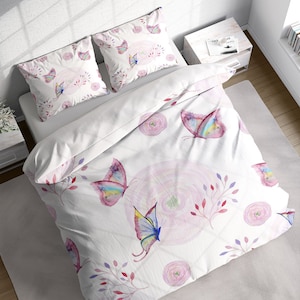 Watercolor Butterfly Flower Duvet Cover Set with Pillowcases, Pink Kids Cartoon Quilt Double Full Queen King Size, Personalized Bedding