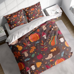 Autumn Hedgehog Pumpkin Duvet Cover Set with Pillowcases, Brown Kids Cartoon Quilt Cover Double Full Queen King Size, Personalized Bedding