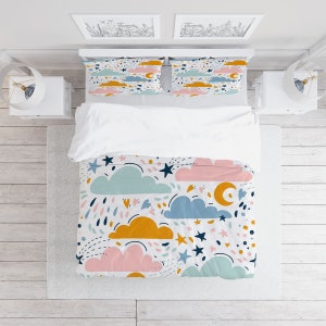 Colorful Clouds Dots Duvet Cover Set with Pillowcases, Creamy Kids Cartoon Quilt Cover Double Full Queen King Size, Personalized Bedding